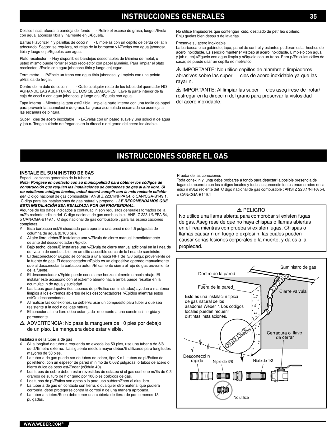 Weber 89561 manual Instrucciones Sobre EL GAS, Instale EL Suministro DE GAS, Especiﬁcaciones generales de la tubería 