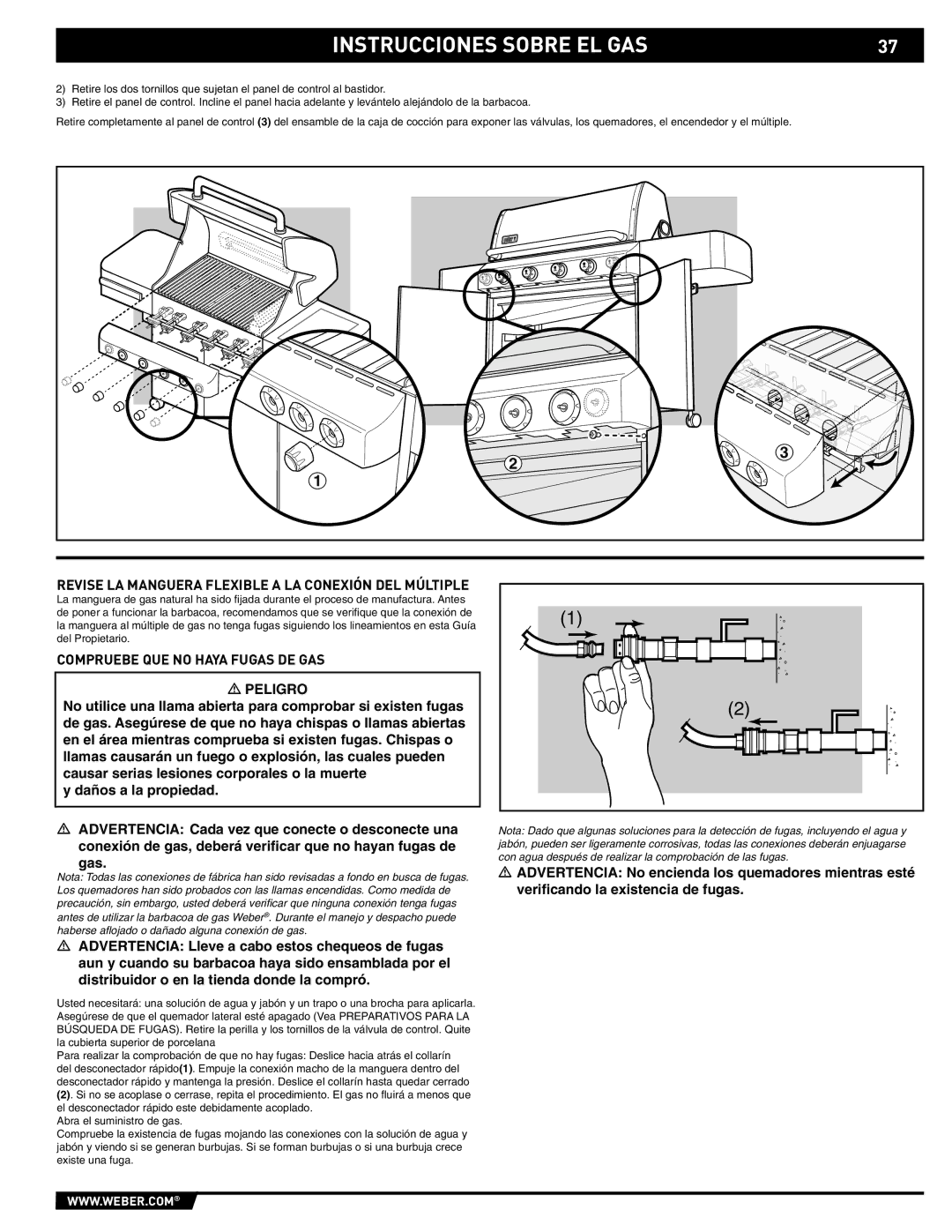 Weber 89561 manual Revise LA Manguera Flexible a LA Conexión DEL Múltiple, Compruebe QUE no Haya Fugas DE GAS 