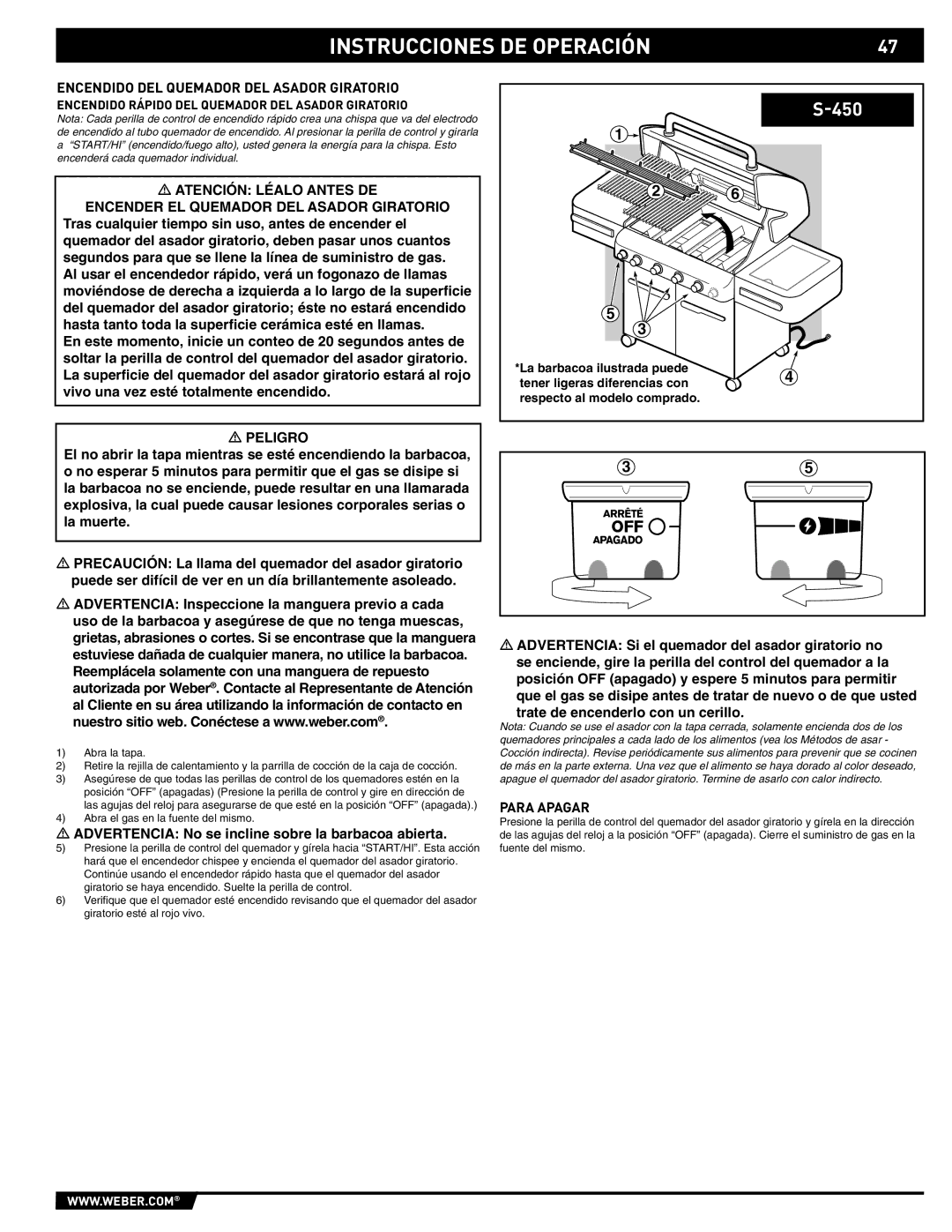 Weber 89561 manual Encendido DEL Quemador DEL Asador Giratorio, Encendido Rápido DEL Quemador DEL Asador Giratorio 