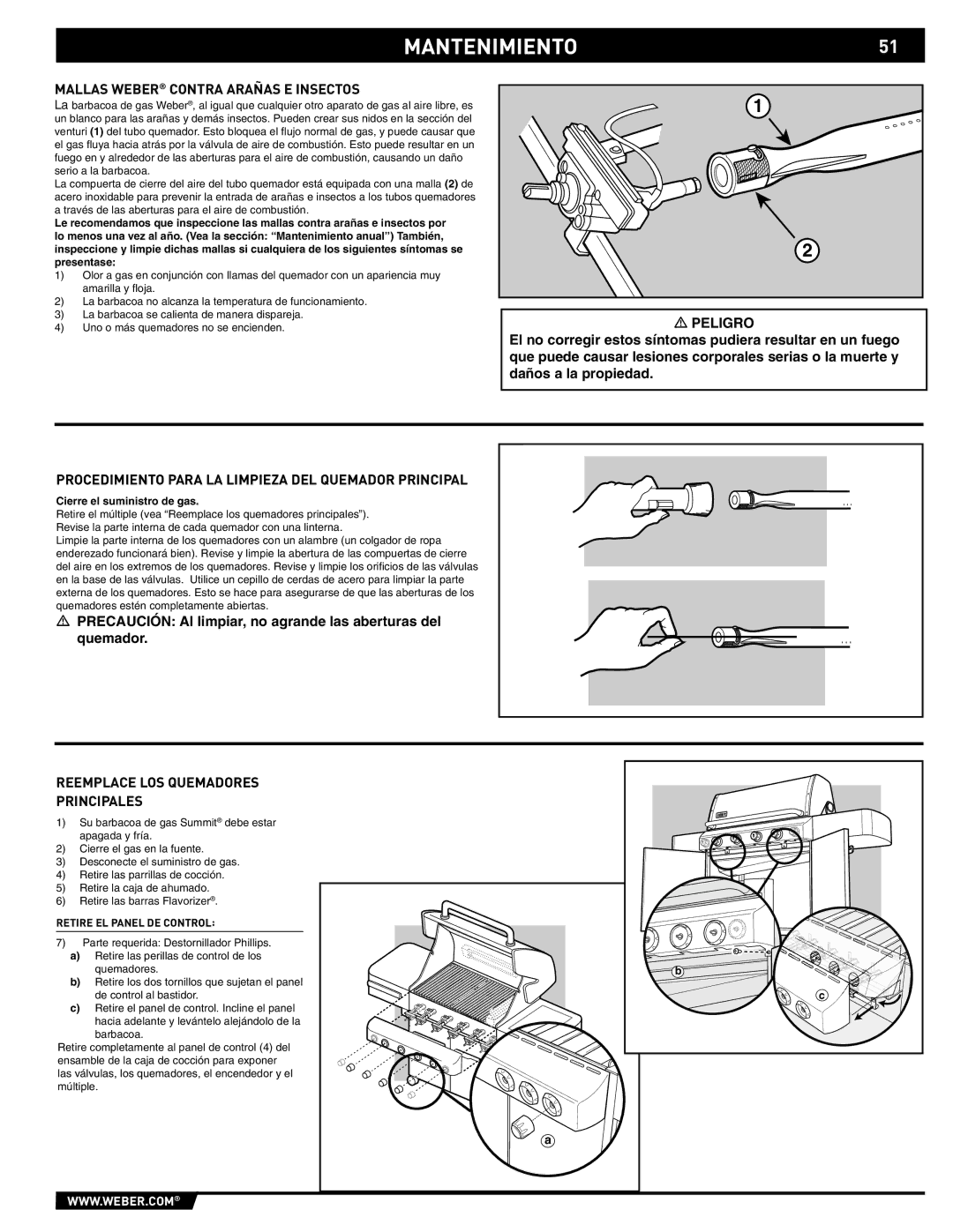 Weber 89561 MANTENIMIENTO51, Mallas Weber Contra Arañas E Insectos, Procedimiento Para LA Limpieza DEL Quemador Principal 