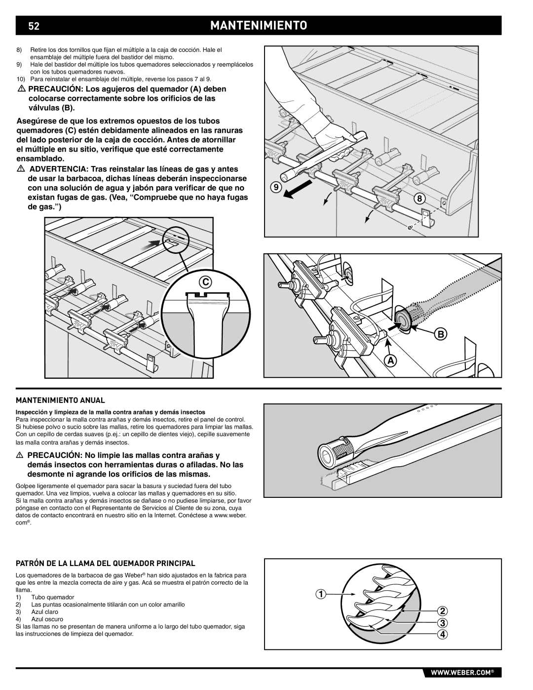 Weber 89561 manual 52MANTENIMIENTO, Mantenimiento Anual, Patrón DE LA Llama DEL Quemador Principal 