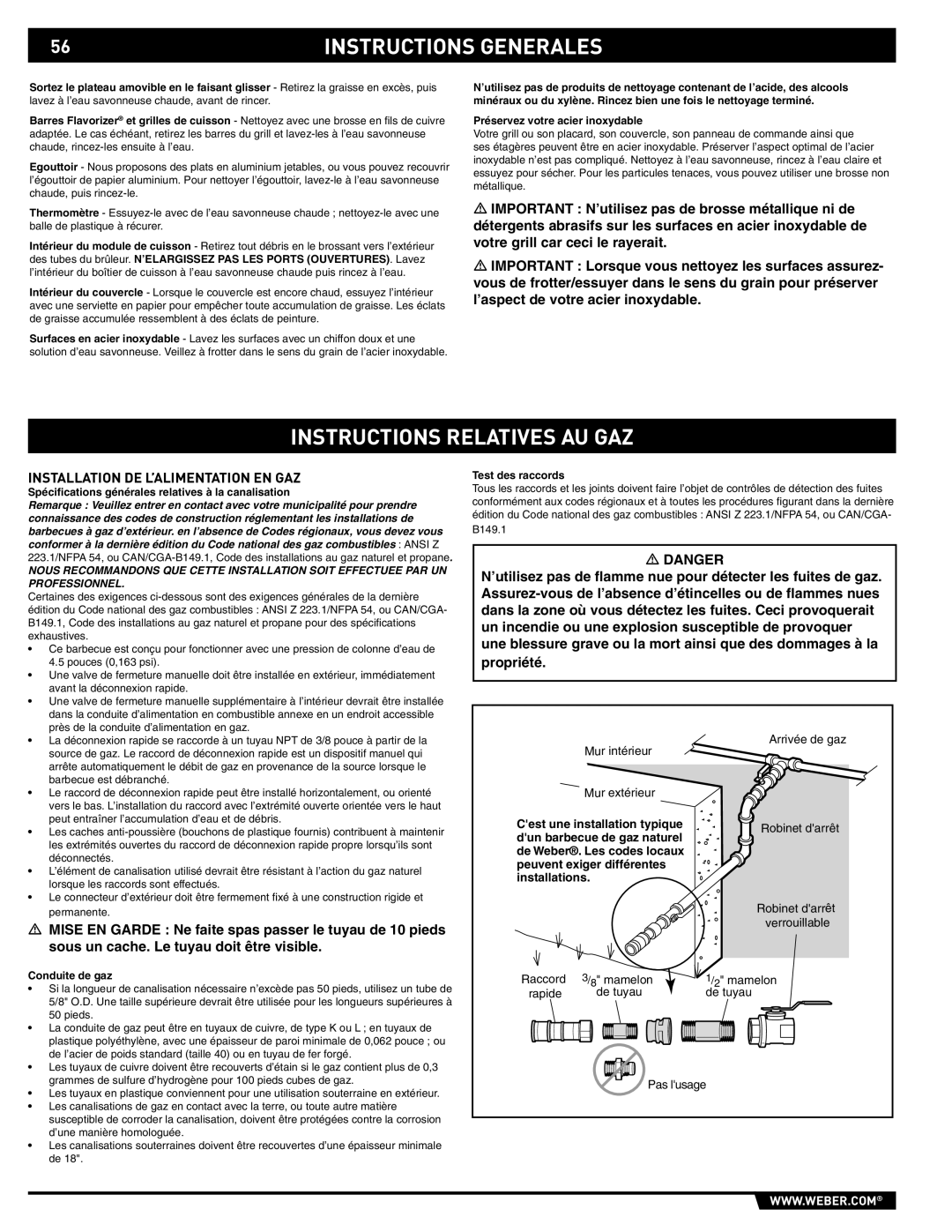 Weber 89561 manual Instructions Relatives AU GAZ, Installation DE L’ALIMENTATION EN GAZ 