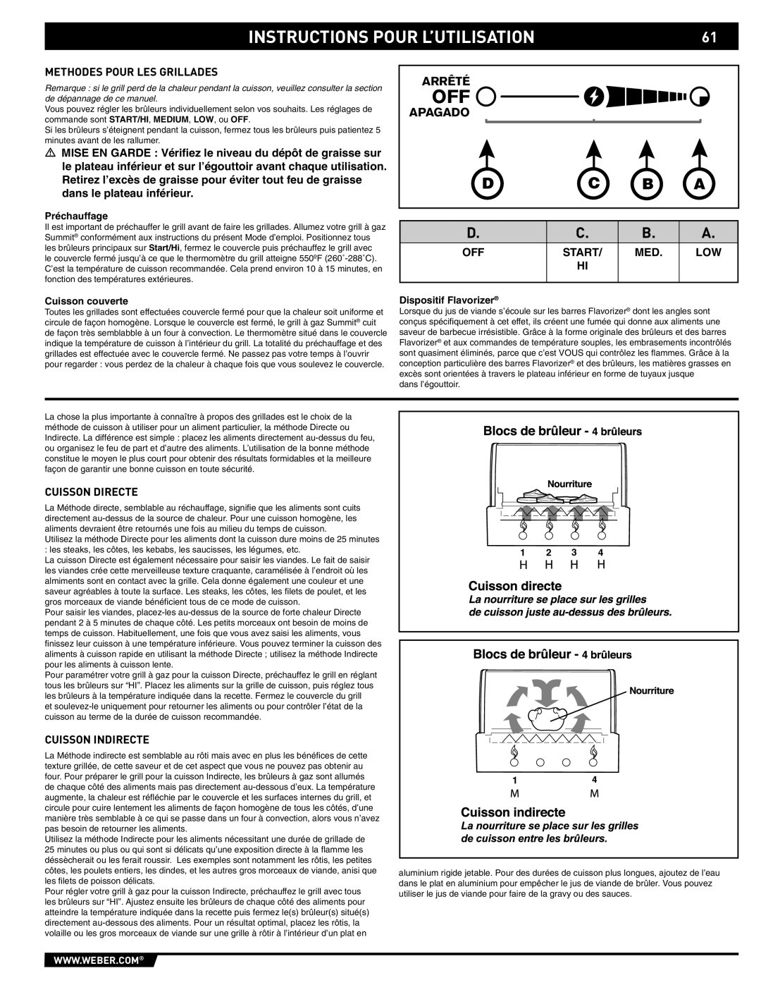 Weber 89561 manual Instructions Pour L’UTILISATION, Cuisson Directe, Cuisson Indirecte 