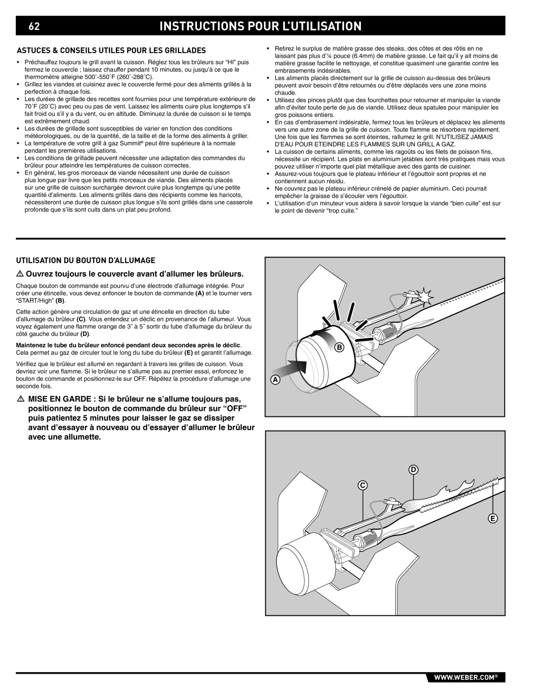 Weber 89561 manual Astuces & Conseils Utiles Pour LES Grillades, Utilisation DU Bouton D’ALLUMAGE 