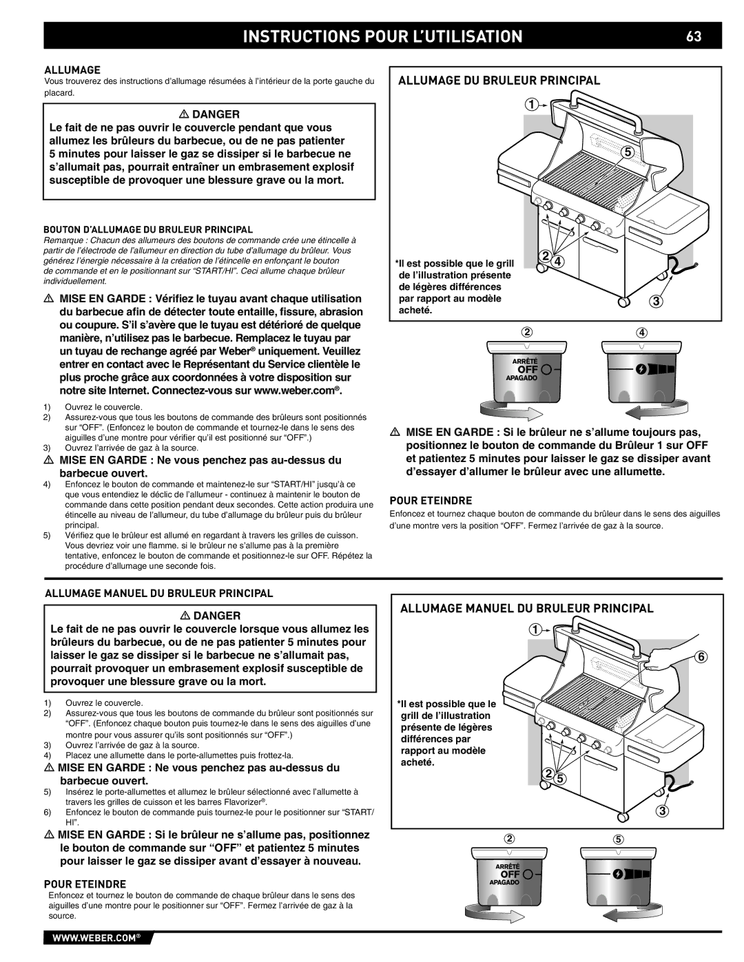 Weber 89561 manual Pour Eteindre, Allumage Manuel DU Bruleur Principal, Bouton D’ALLUMAGE DU Bruleur Principal 