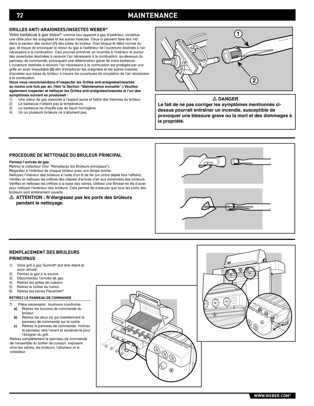 Weber 89561 manual 72MAINTENANCE, Grilles ANTI-ARAIGNEES/INSECTES Weber, Procedure DE Nettoyage DU Bruleur Principal 