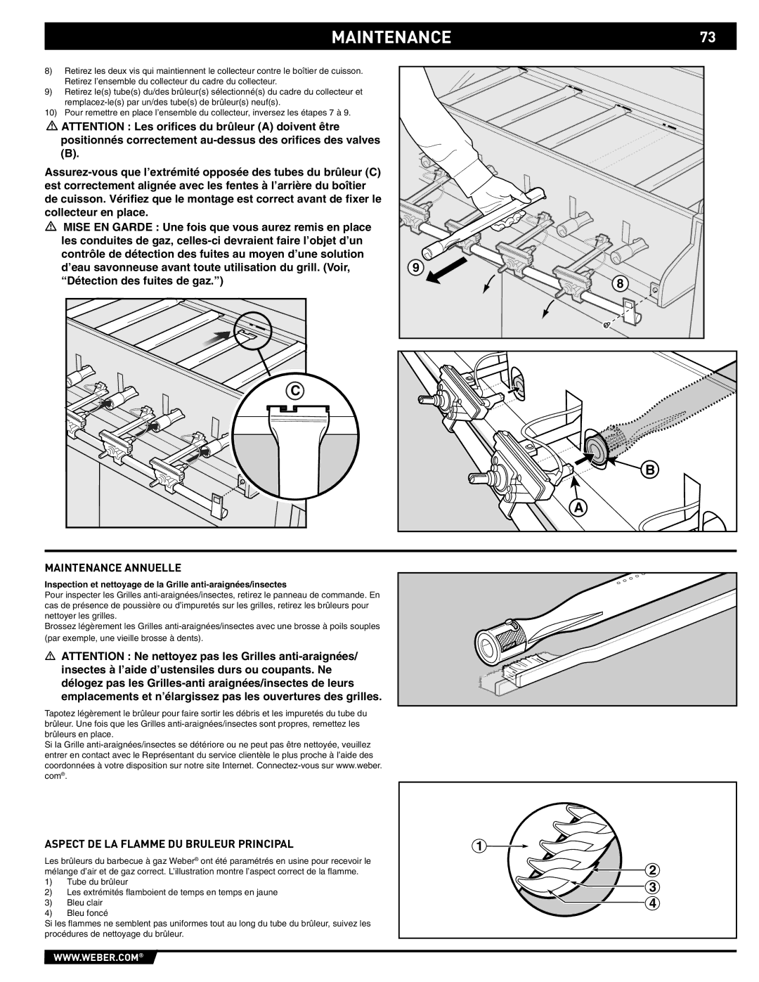 Weber 89561 manual MAINTENANCE73, Maintenance Annuelle, Aspect DE LA Flamme DU Bruleur Principal 