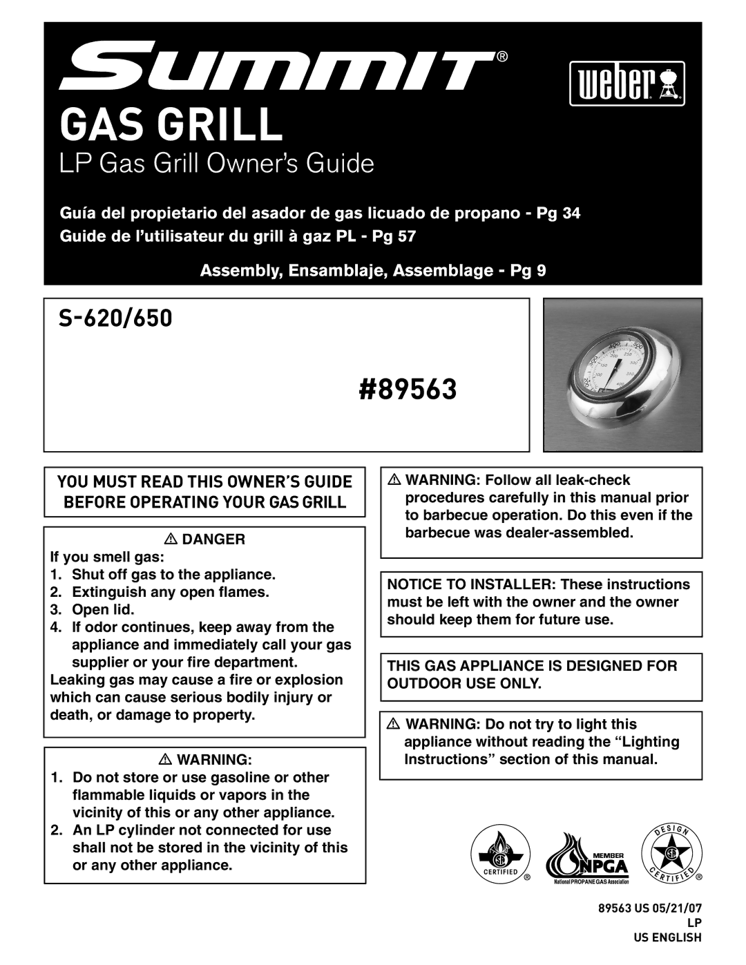 Weber 89563 manual GAS Grill 