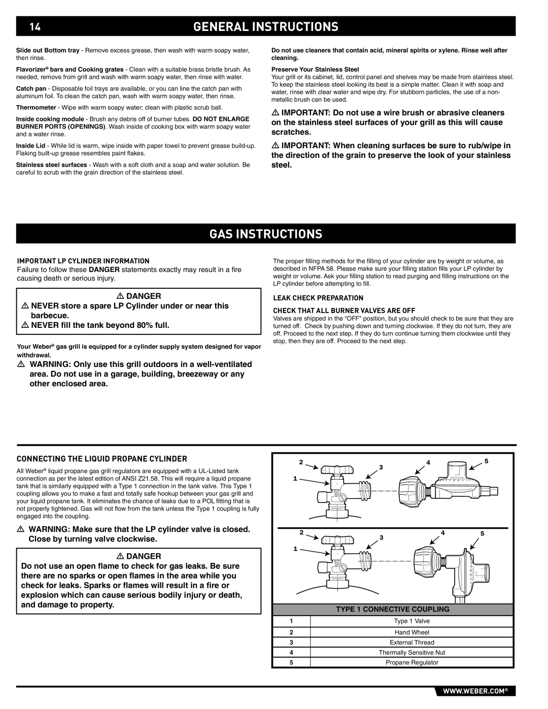 Weber 89563 manual GAS Instructions, Connecting the Liquid Propane Cylinder, Important LP Cylinder Information 