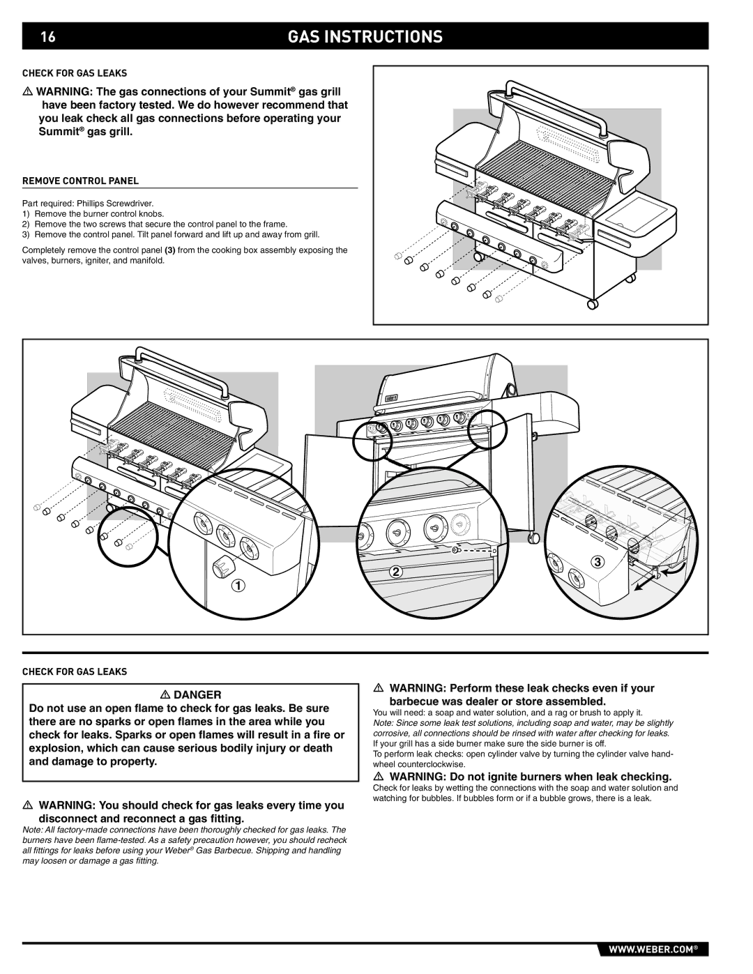 Weber 89563 manual Check for GAS Leaks Remove Control Panel 