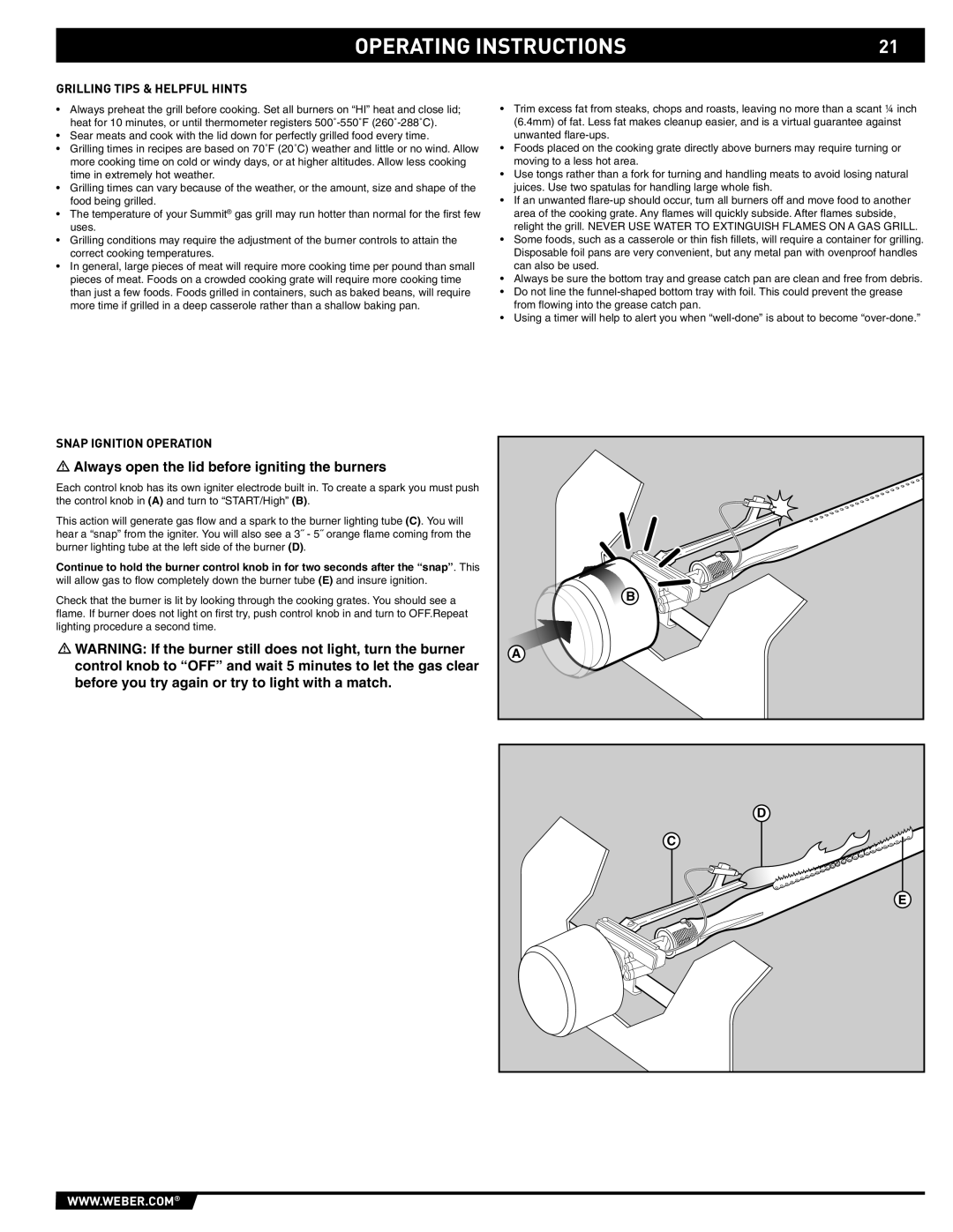 Weber 89563 manual Grilling Tips & Helpful Hints, Snap Ignition Operation 