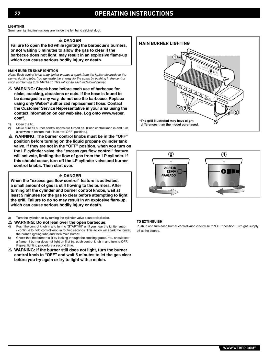 Weber 89563 manual Lighting, Main Burner Snap Ignition, To Extinguish 