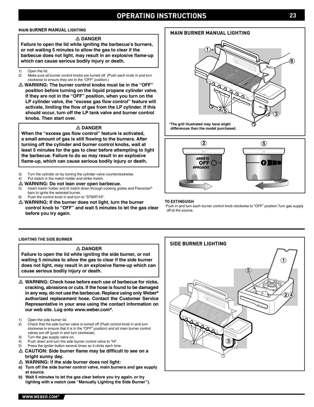 Weber 89563 manual Main Burner Manual Lighting, Lighting the Side Burner 