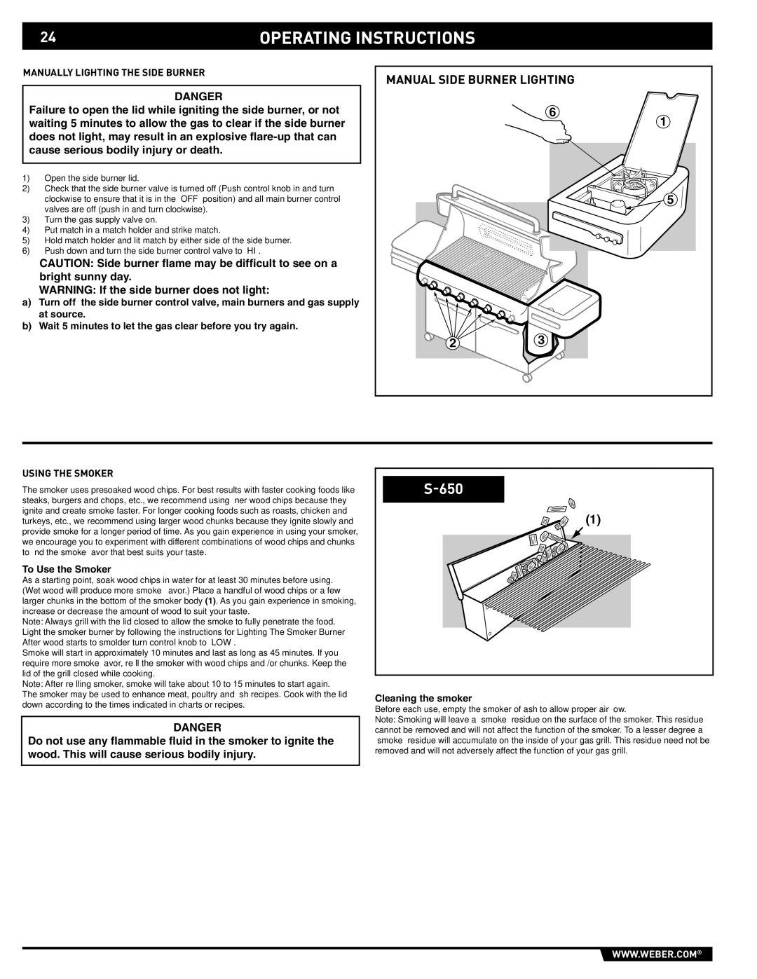 Weber 89563 manual Manual Side Burner Lighting, Manually Lighting the Side Burner, Using the Smoker, To Use the Smoker 