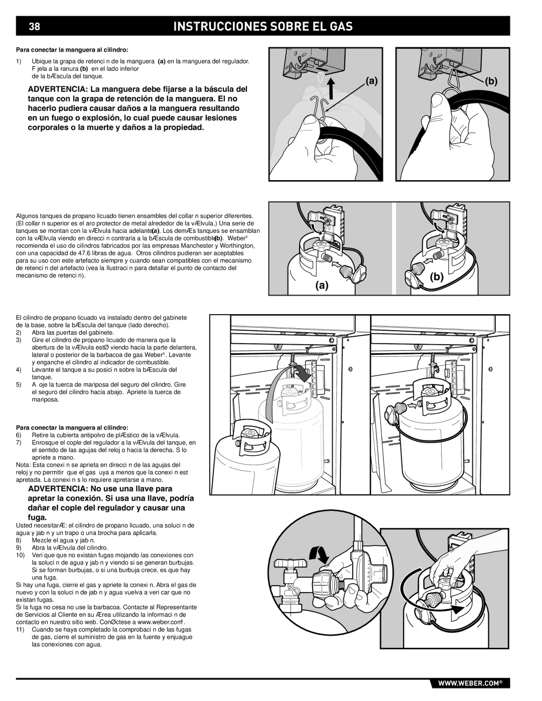 Weber 89563 manual Instrucciones Sobre EL GAS, Para conectar la manguera al cilindro 