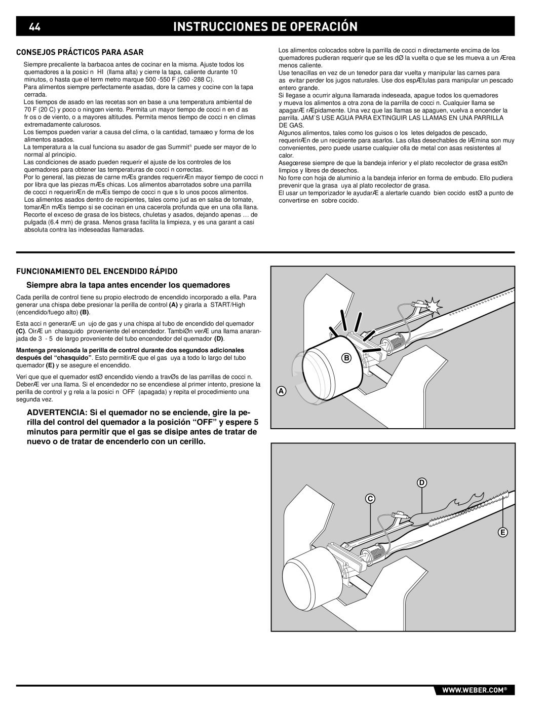 Weber 89563 manual Consejos Prácticos Para Asar, Funcionamiento DEL Encendido Rápido 