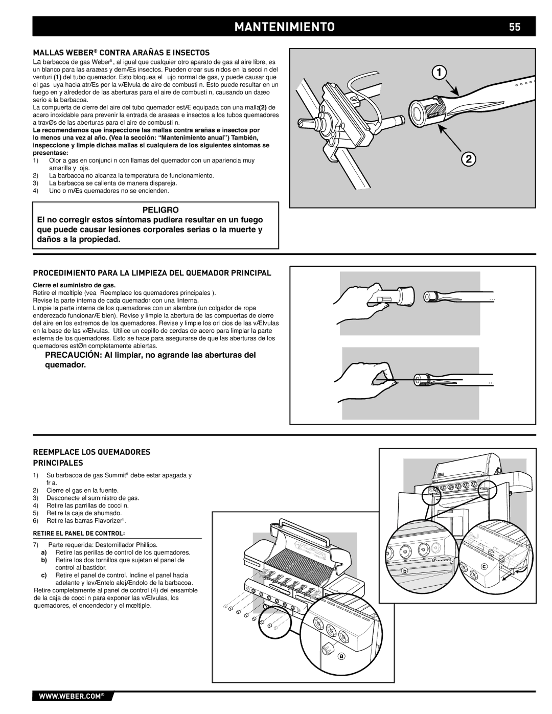 Weber 89563 MANTENIMIENTO55, Mallas Weber Contra Arañas E Insectos, Procedimiento Para LA Limpieza DEL Quemador Principal 