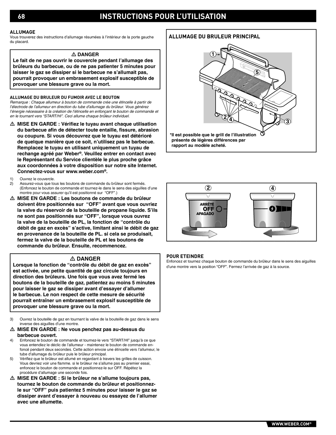 Weber 89563 manual Pour Eteindre, Allumage DU Bruleur DU Fumoir Avec LE Bouton 