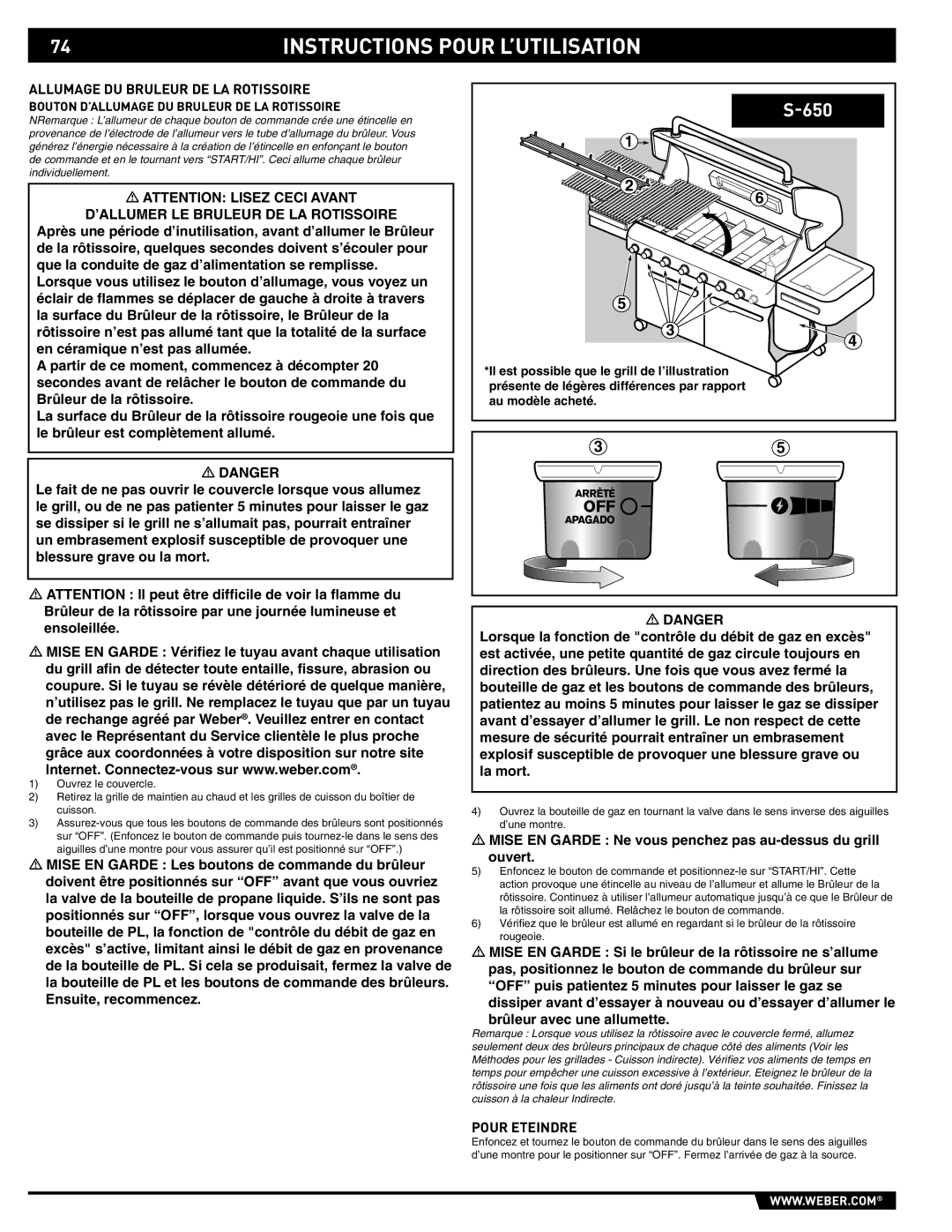 Weber 89563 Mise EN Garde Ne vous penchez pas au-dessus du grill ouvert, Bouton D’ALLUMAGE DU Bruleur DE LA Rotissoire 