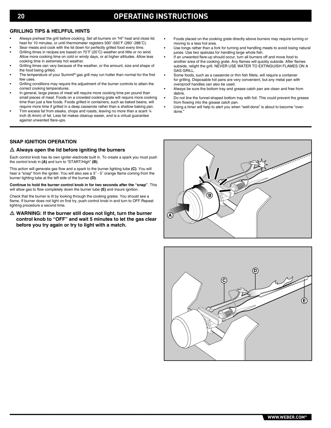 Weber 89565 manual Grilling Tips & Helpful Hints, Snap Ignition Operation 