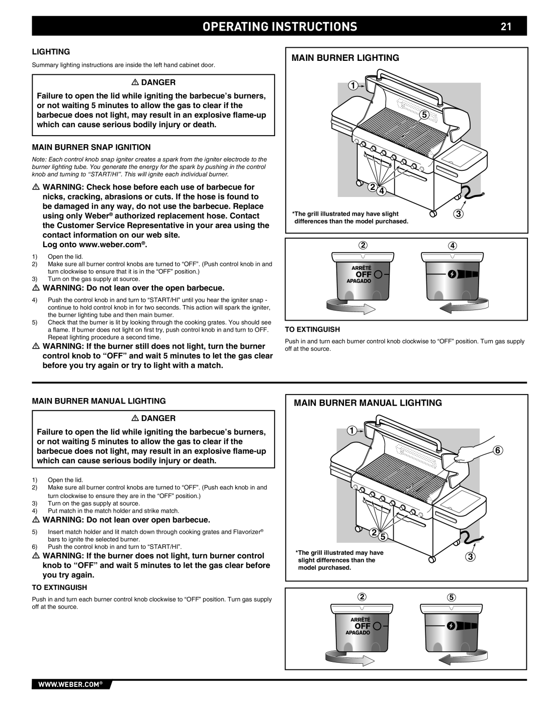 Weber 89565 manual Main Burner Snap Ignition, Main Burner Manual Lighting, To Extinguish 