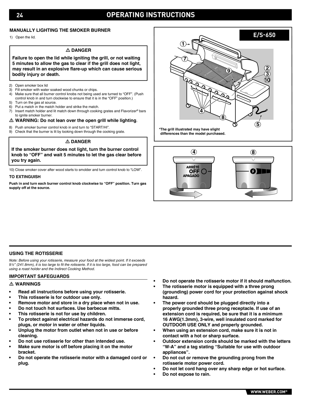 Weber 89565 manual Manually Lighting the Smoker Burner, Using the Rotisserie Important Safeguards 