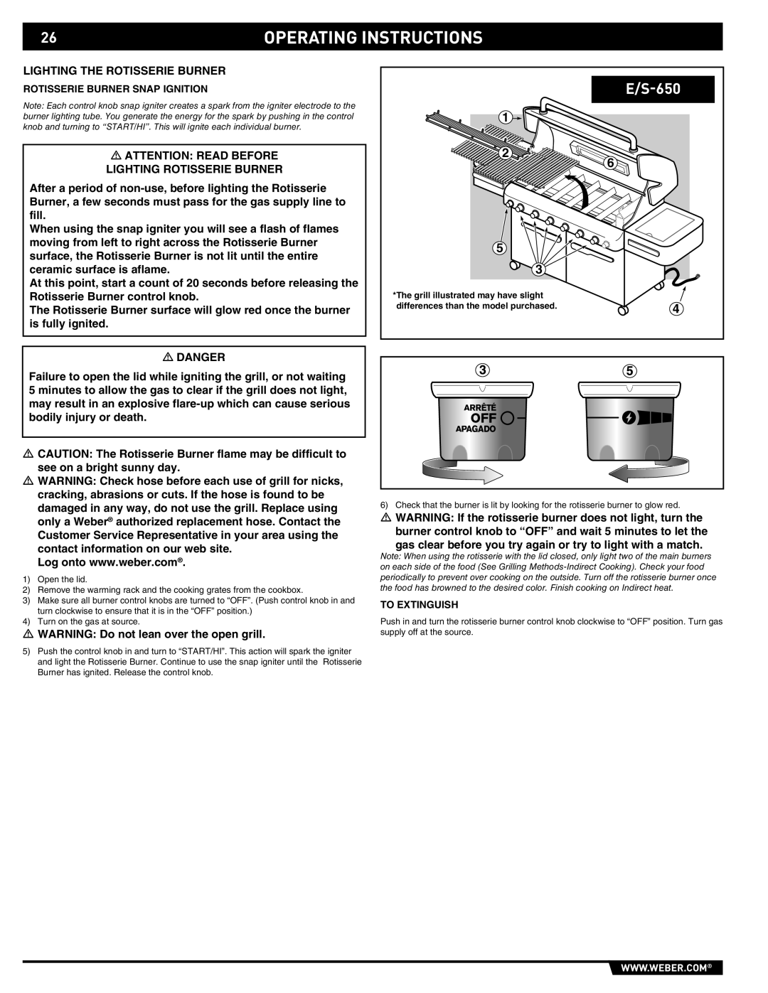 Weber 89565 manual Lighting the Rotisserie Burner, Lighting Rotisserie Burner, Rotisserie Burner Snap Ignition 