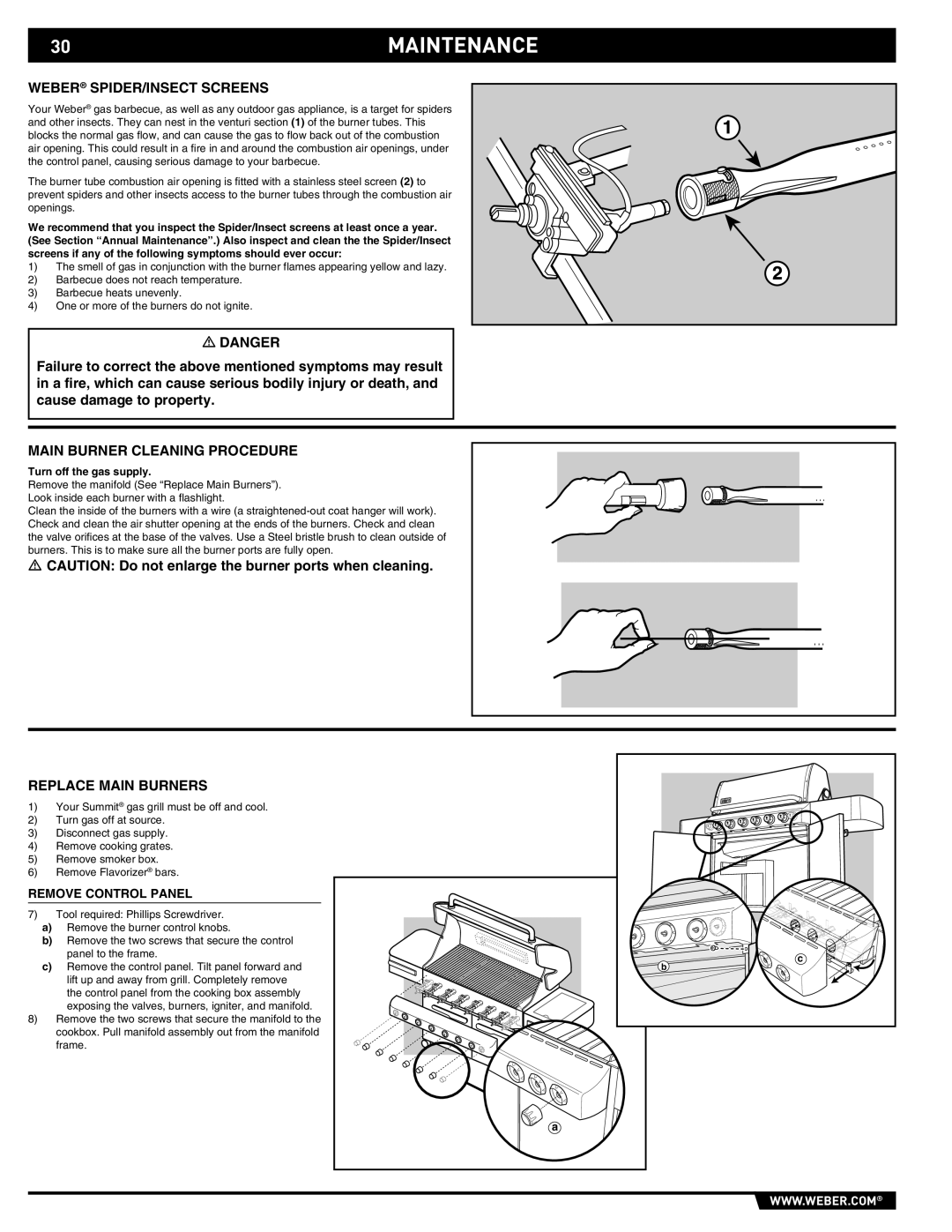 Weber 89565 manual 30MAINTENANCE, Weber SPIDER/INSECT Screens, Main Burner Cleaning Procedure, Replace Main Burners 