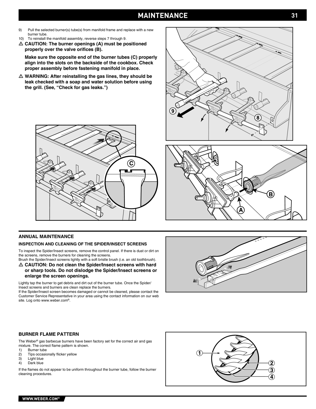 Weber 89565 MAINTENANCE31, Annual Maintenance, Burner Flame Pattern, Inspection and Cleaning of the SPIDER/INSECT Screens 