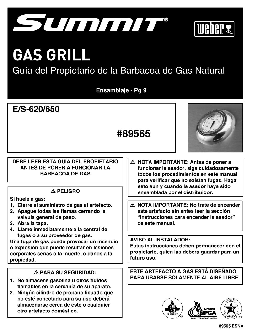 Weber 89565 manual Guía del Propietario de la Barbacoa de Gas Natural 