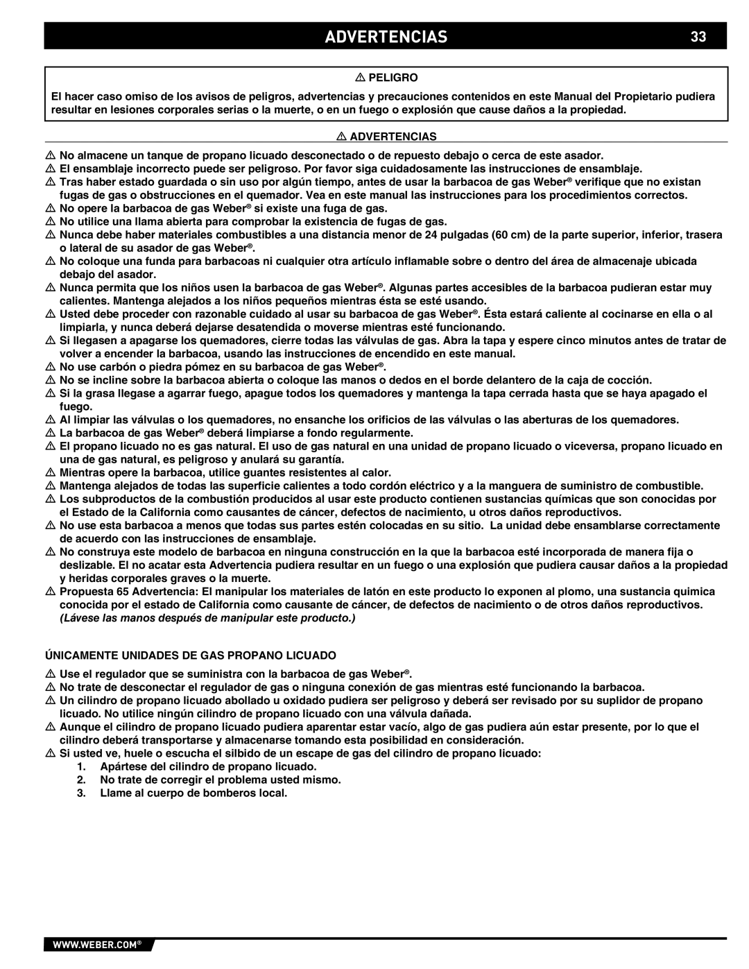 Weber 89565 manual ADVERTENCIAS33, Peligro, Advertencias, Únicamente Unidades DE GAS Propano Licuado 