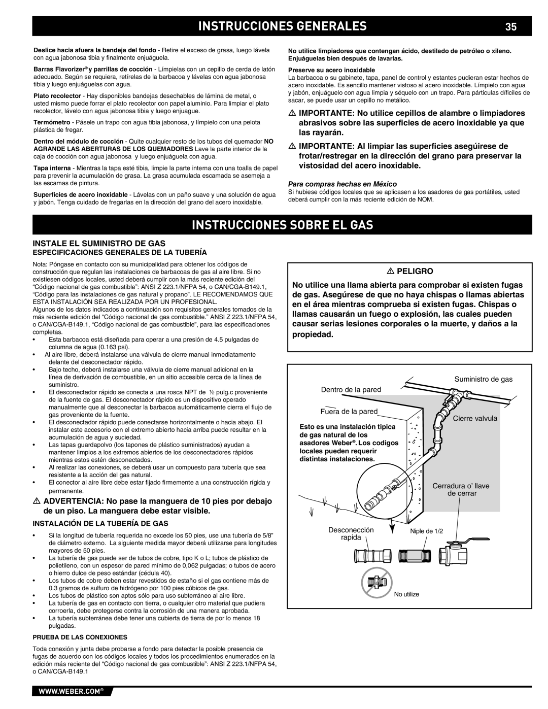 Weber 89565 manual Instrucciones Sobre EL GAS, Instale EL Suministro DE GAS, Especificaciones Generales DE LA Tubería 