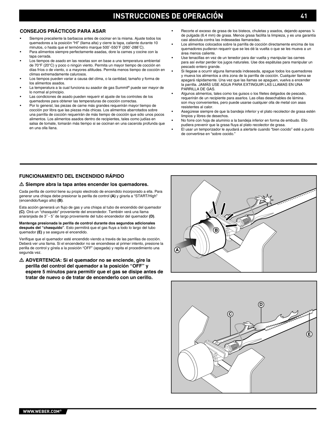 Weber 89565 manual Consejos Prácticos Para Asar, Funcionamiento DEL Encendido Rápido 