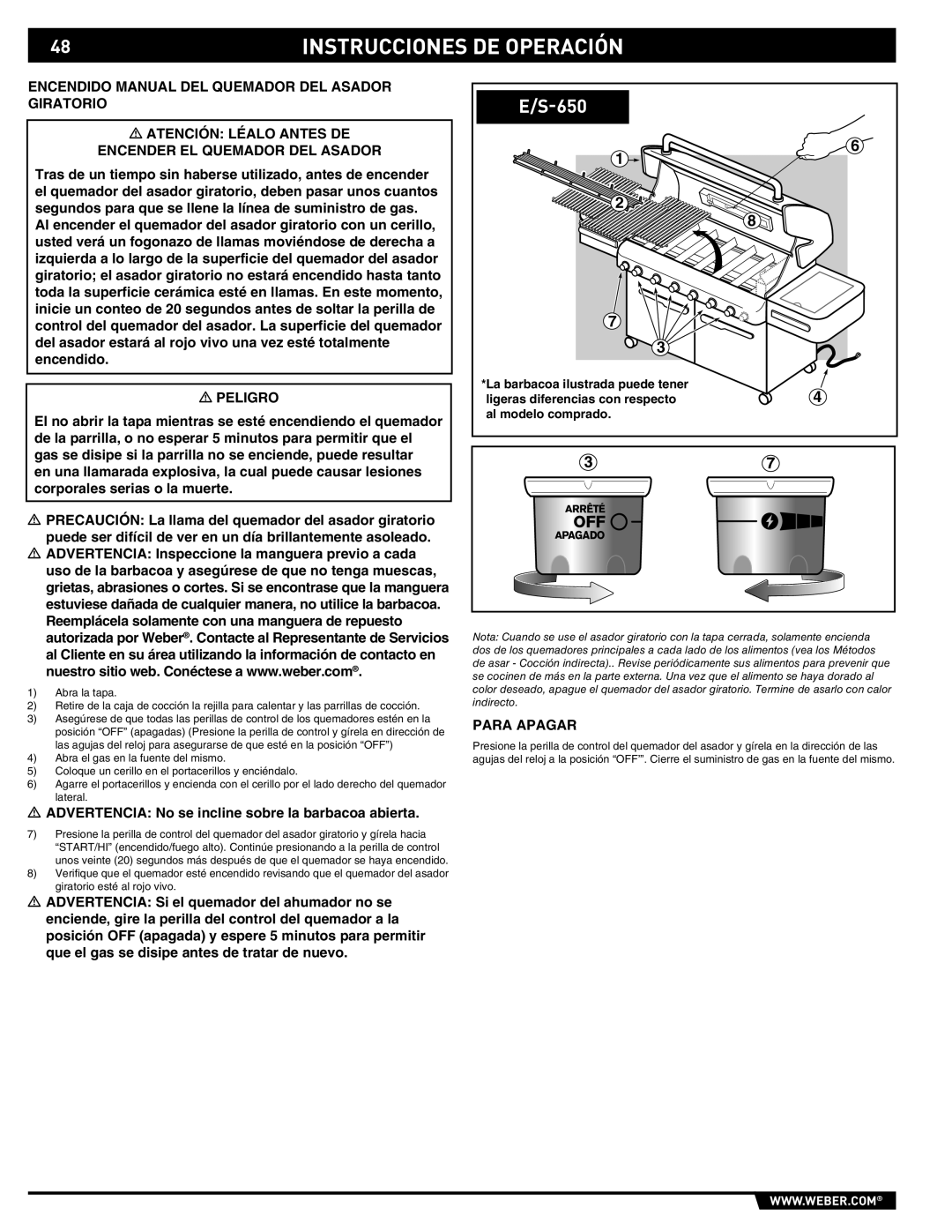 Weber 89565 manual Instrucciones DE Operación 