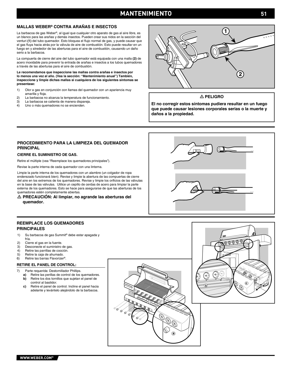 Weber 89565 Mantenimiento, Mallas Weber Contra Arañas E Insectos, Procedimiento Para LA Limpieza DEL Quemador Principal 