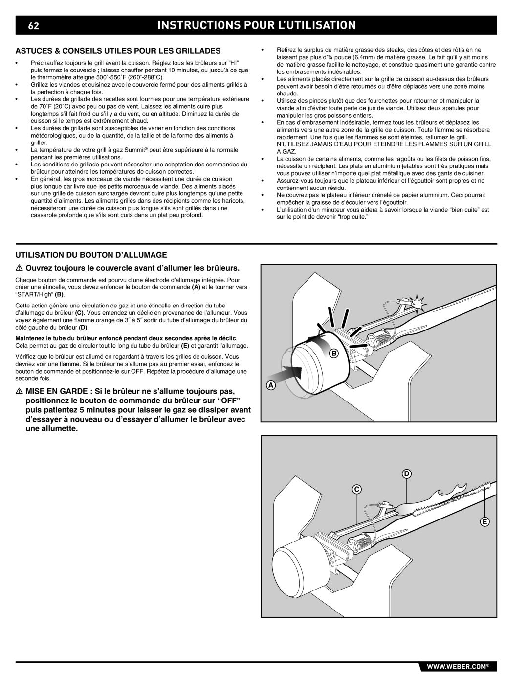 Weber 89565 manual Astuces & Conseils Utiles Pour LES Grillades, Utilisation DU Bouton D’ALLUMAGE 