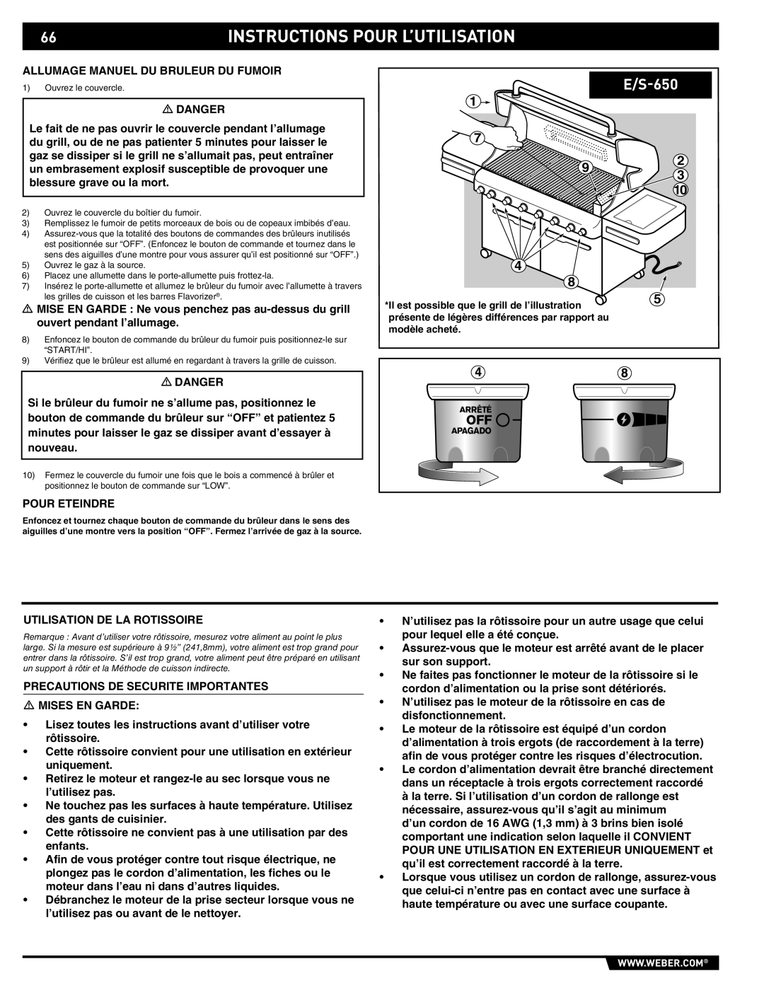 Weber 89565 manual Allumage Manuel DU Bruleur DU Fumoir, Utilisation DE LA Rotissoire 