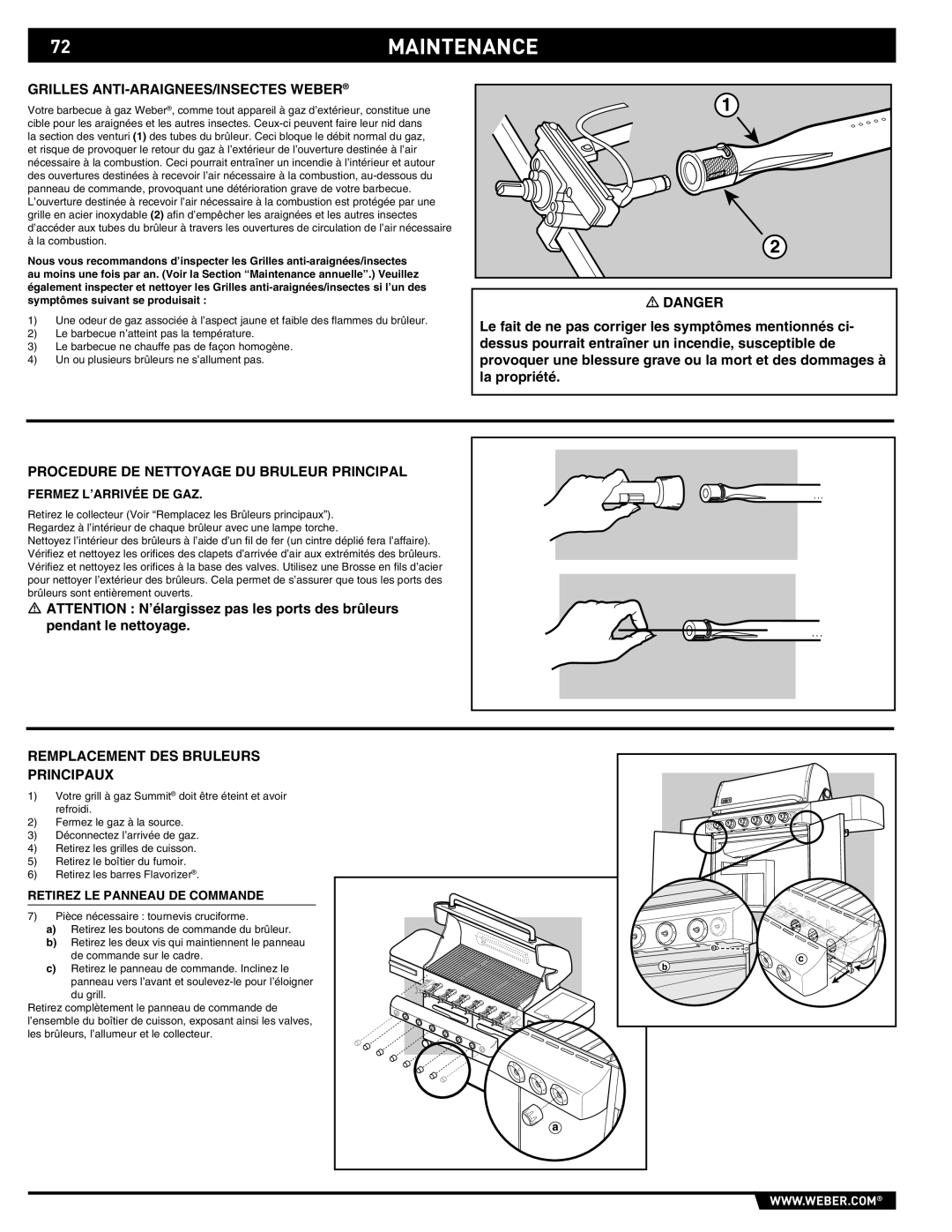 Weber 89565 manual 72MAINTENANCE, Grilles ANTI-ARAIGNEES/INSECTES Weber, Procedure DE Nettoyage DU Bruleur Principal 