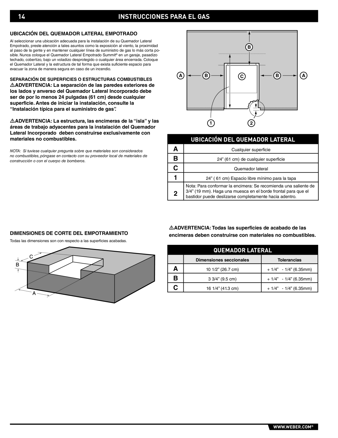 Weber 89795 manual Instrucciones Para EL GAS, Ubicación DEL Quemador Lateral Empotrado 