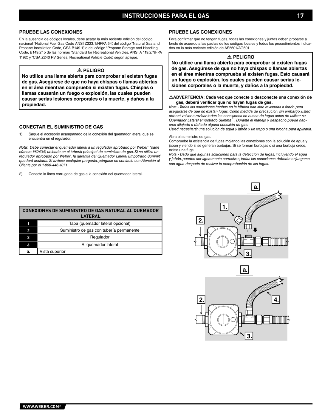 Weber 89795 manual Conectar EL Suministro DE GAS, Conexiones DE Suministro DE GAS Natural AL Quemador Lateral 