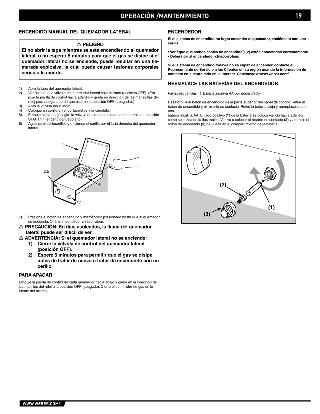 Weber 89795 manual Operación /MANTENIMIENTO, Encendido Manual DEL Quemador Lateral Peligro, Encendedor, Para Apagar 