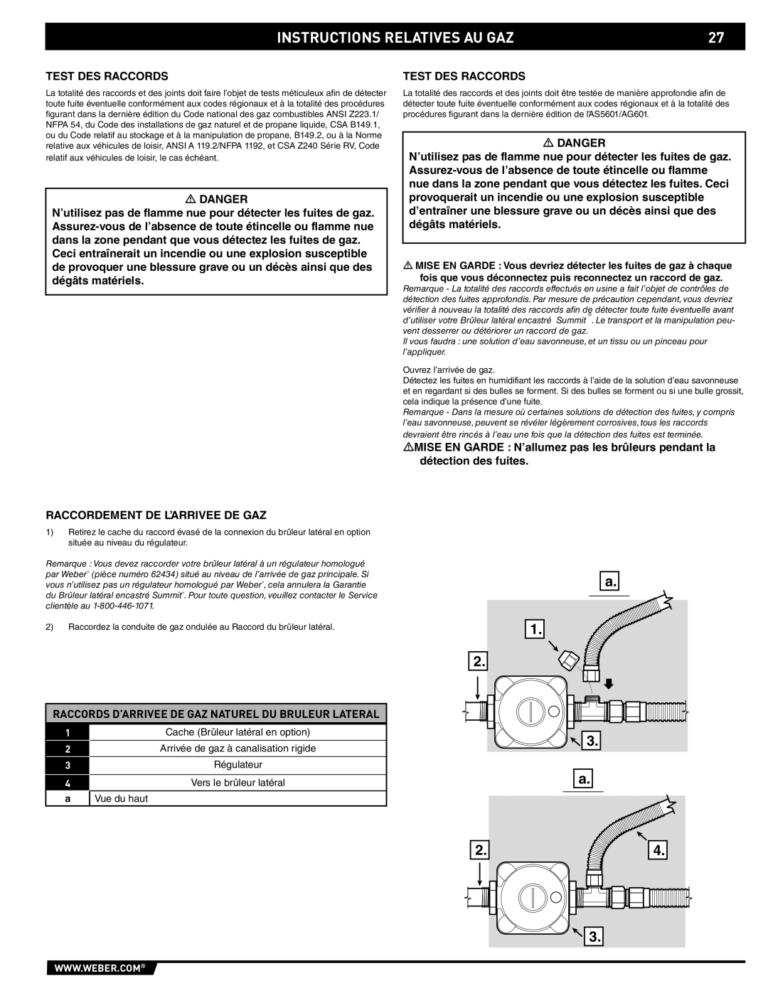 Weber 89795 manual Test DES Raccords, Raccordement DE L’ARRIVEE DE GAZ 