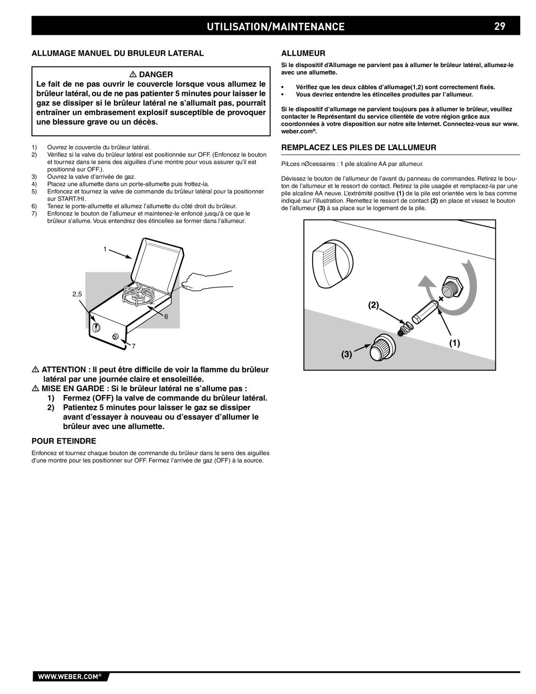 Weber 89795 manual UTILISATION/MAINTENANCE29, Allumage Manuel DU Bruleur Lateral, Pour Eteindre, Allumeur 