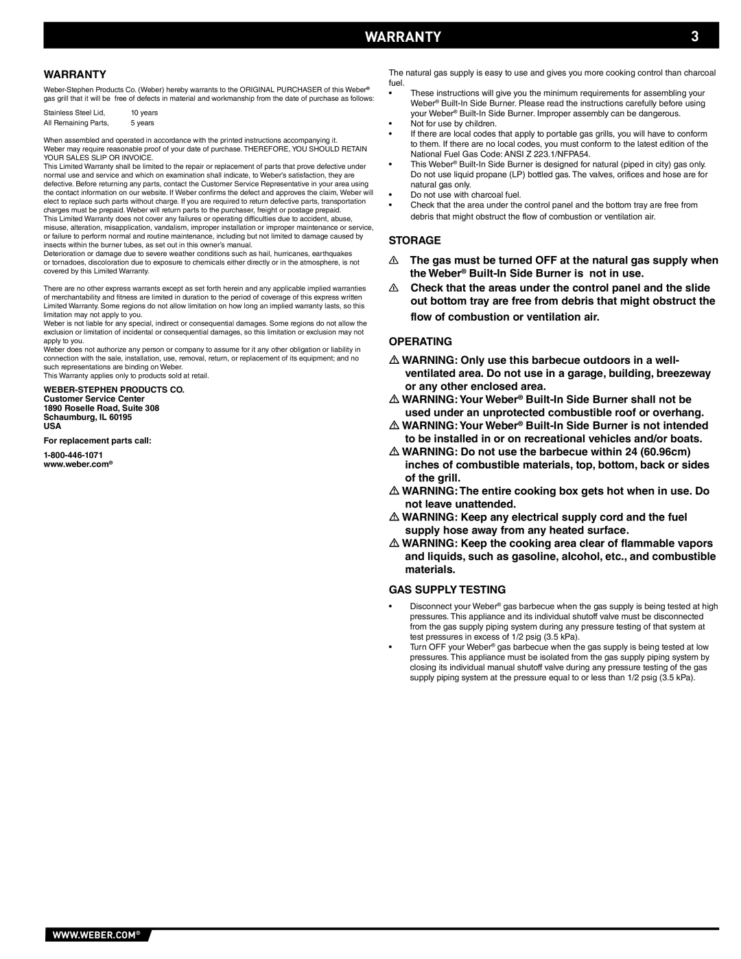 Weber 89795 manual WARRANTY3, Warranty, Storage, Operating GAS Supply Testing 