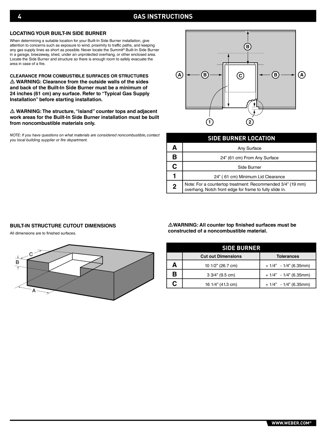 Weber 89795 manual GAS Instructions, Locating Your BUILT-IN Side Burner, BUILT-IN Structure Cutout Dimensions 