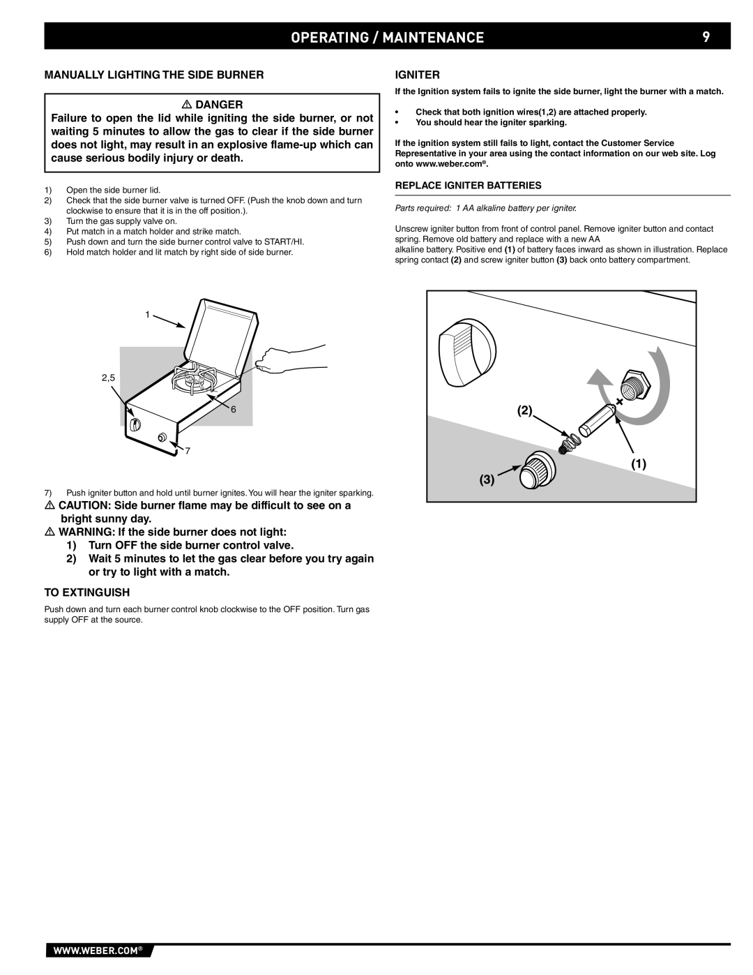 Weber 89795 manual Operating / Maintenance, Manually Lighting the Side Burner, To Extinguish, Replace Igniter Batteries 