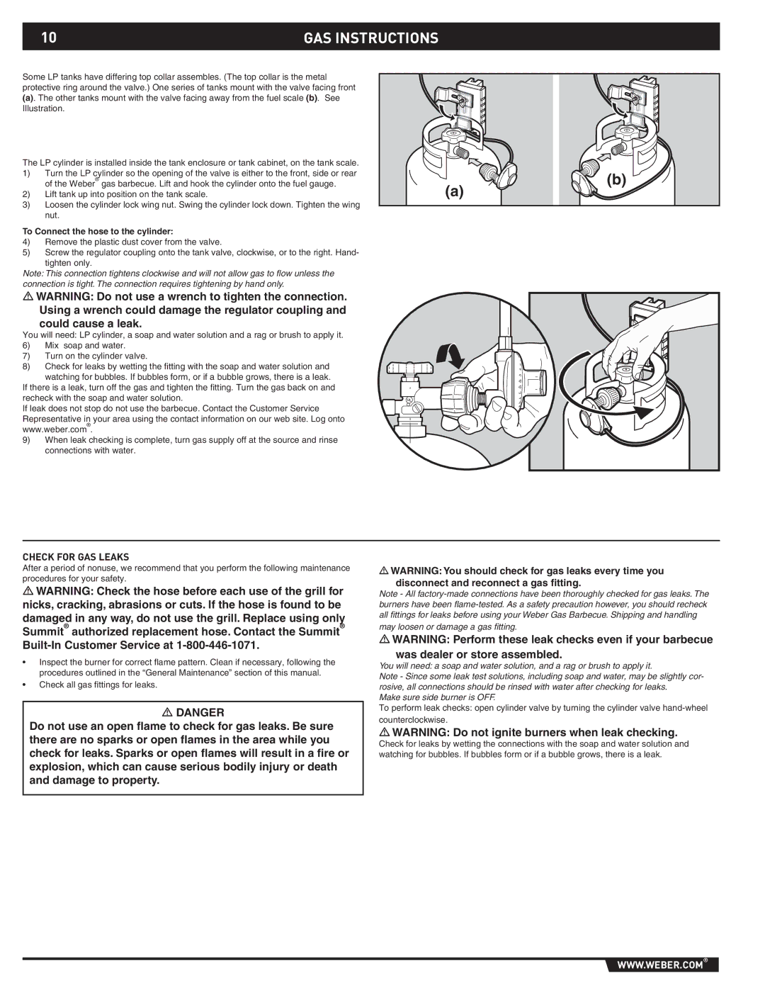 Weber 89796 manual Check for GAS Leaks, To Connect the hose to the cylinder 