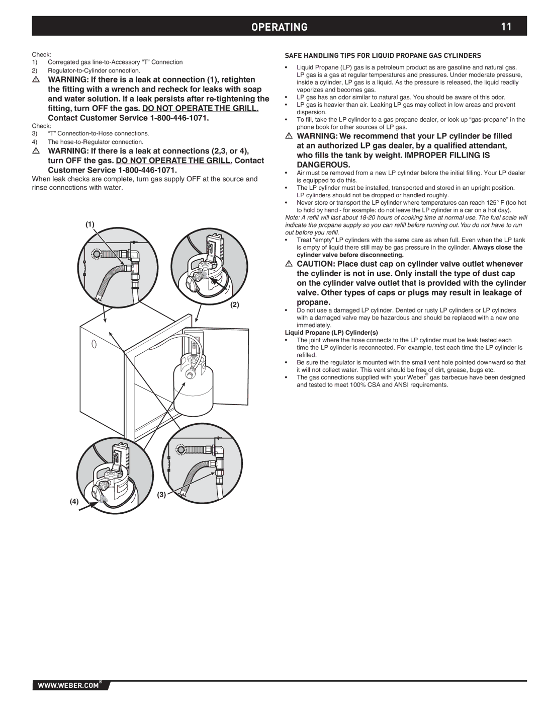 Weber 89796 manual OPERATING11, Safe Handling Tips for Liquid Propane GAS Cylinders, Liquid Propane LP Cylinders 