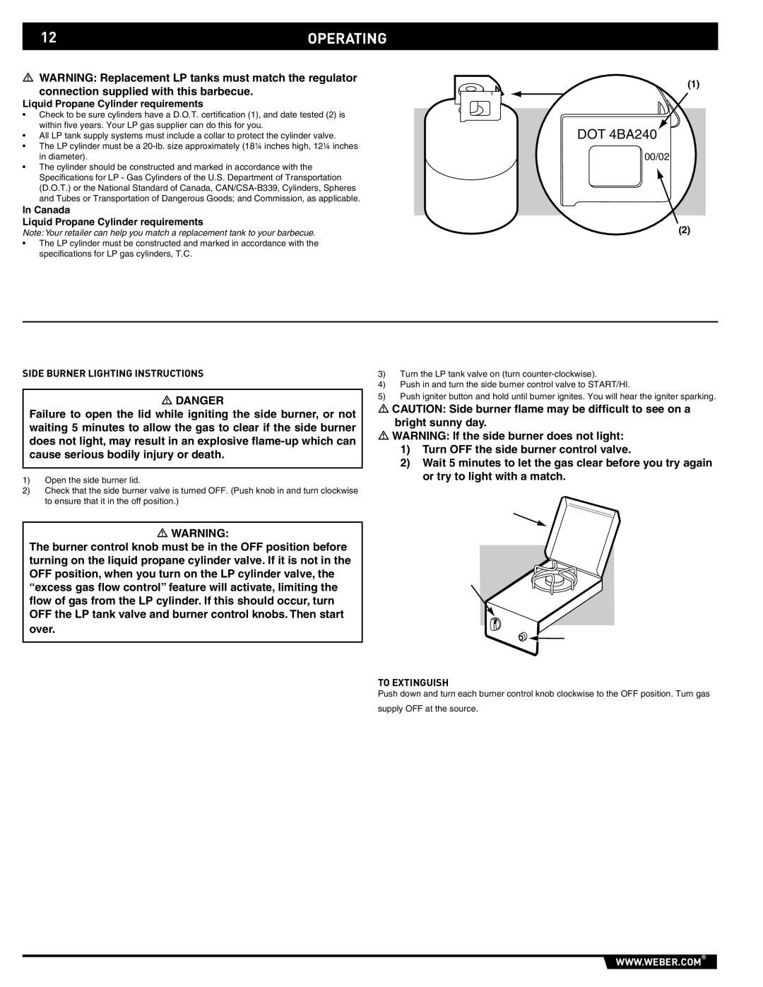 Weber 89796 manual 12OPERATING, Side Burner Lighting Instructions, To Extinguish 