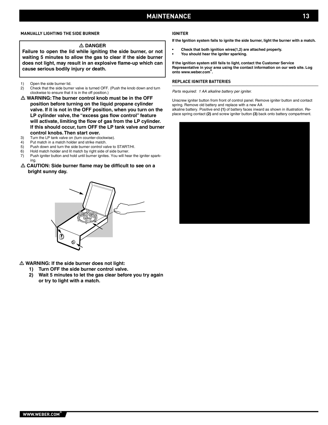 Weber 89796 manual MAINTENANCE13, Manually Lighting the Side Burner, Replace Igniter Batteries 